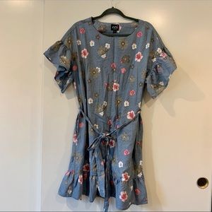 Floral mini dress with ruffles and belt